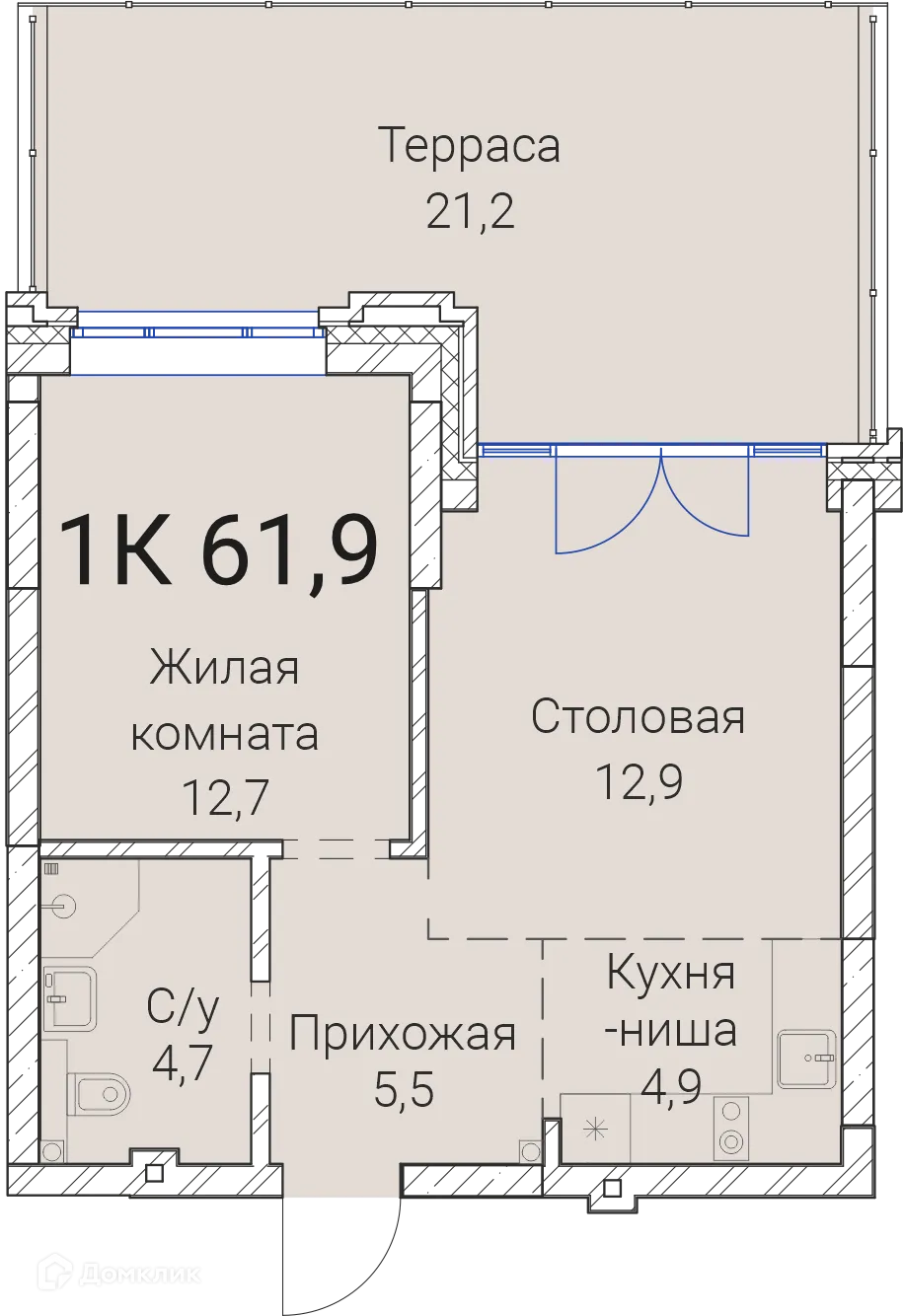Планировка 1-комнатной квартиры 61.9 м² в ЖК Тайм Сквер, г. Новосибирск — фото 1