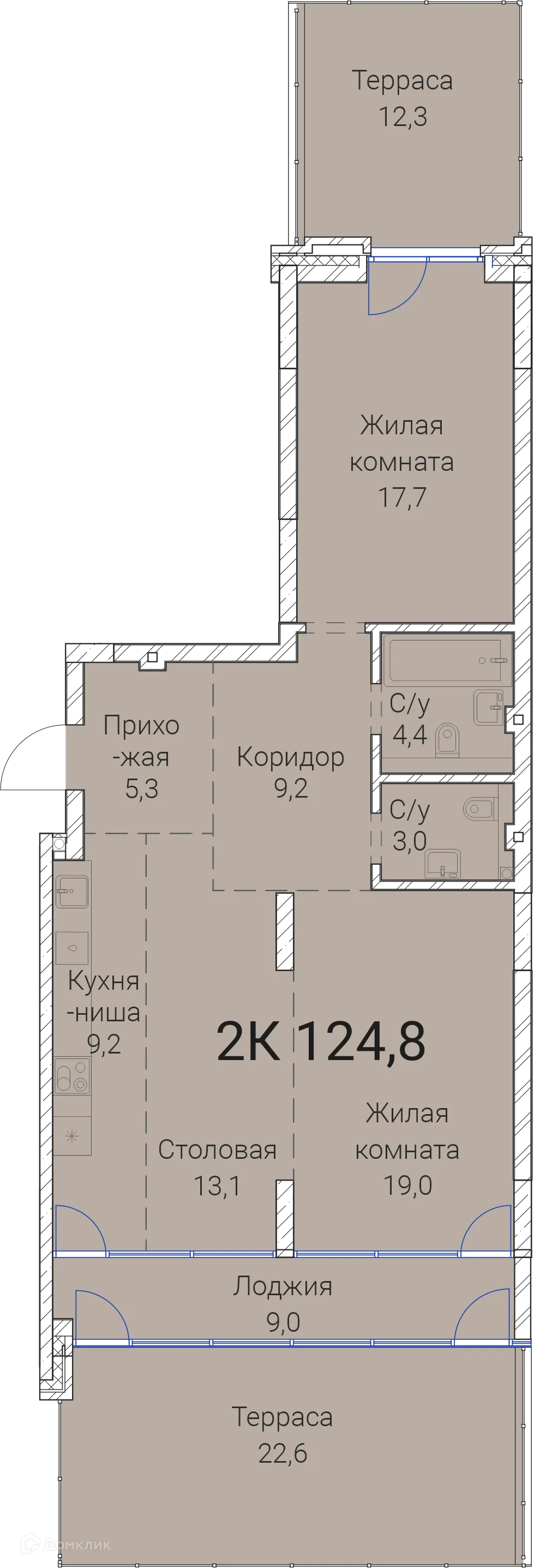 Планировка 2-комнатной квартиры 124.8 м² в ЖК Тайм Сквер, г. Новосибирск — фото 1