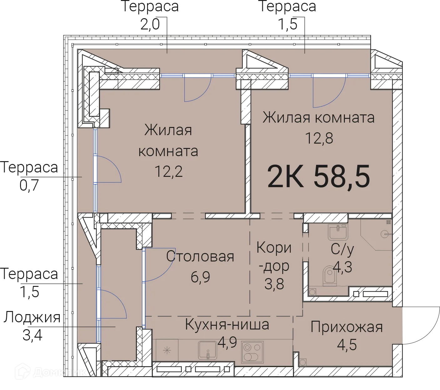 Планировка 2-комнатной квартиры 58.5 м² в ЖК Тайм Сквер, г. Новосибирск — фото 1