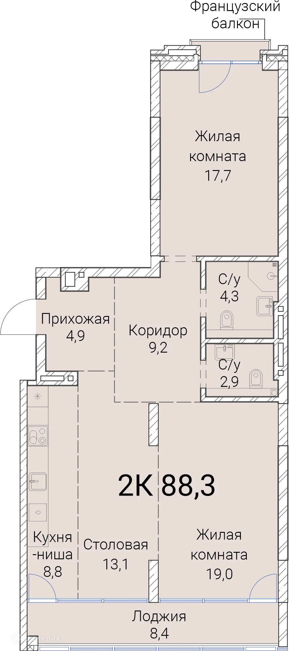 Планировка 2-комнатной квартиры 88.3 м² в ЖК Тайм Сквер, г. Новосибирск — фото 1