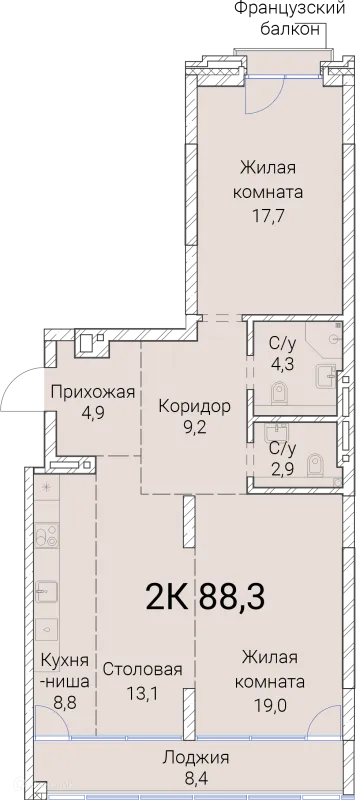 Планировка 2 комн. в ЖК Тайм Сквер