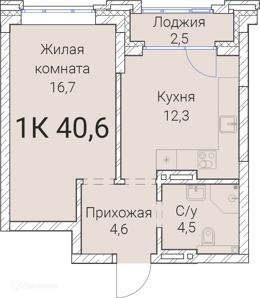 Планировка 1-комнатной квартиры 40.6 м² в ЖК Тайм Сквер, г. Новосибирск — фото 1