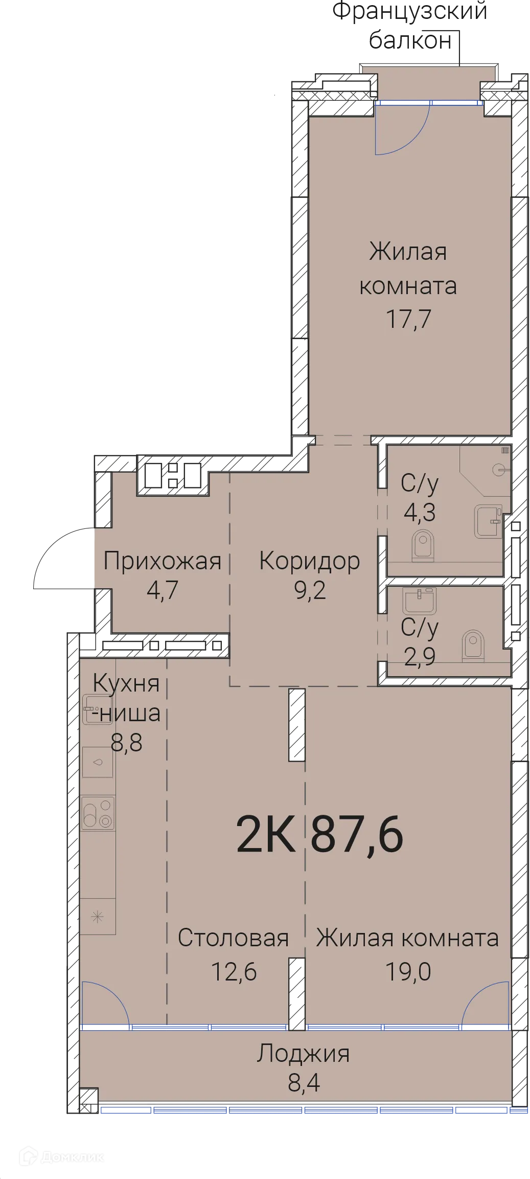 Планировка 2-комнатной квартиры 87.6 м² в ЖК Тайм Сквер, г. Новосибирск — фото 1