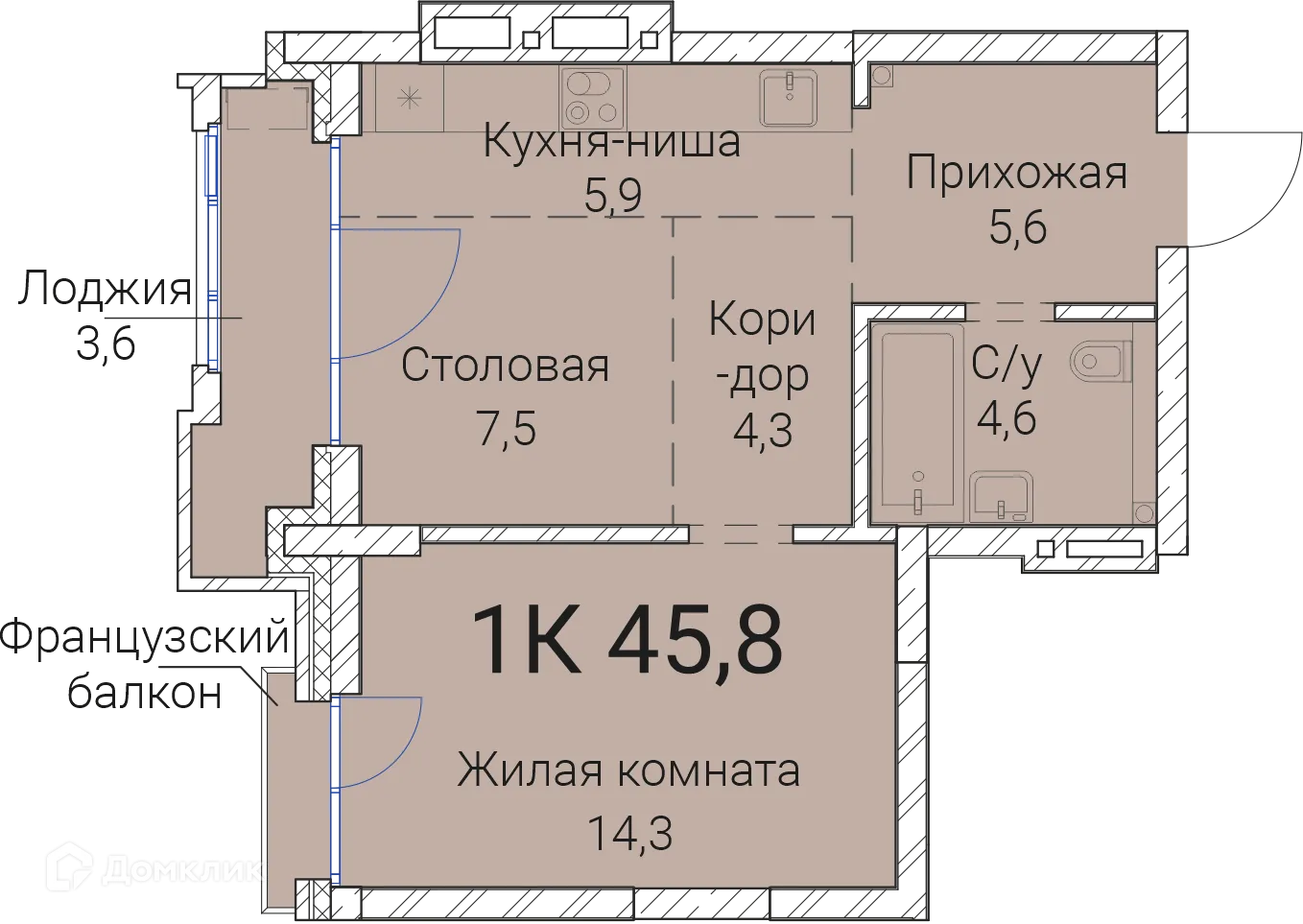 Планировка 1-комнатной квартиры 45.8 м² в ЖК Тайм Сквер, г. Новосибирск — фото 1