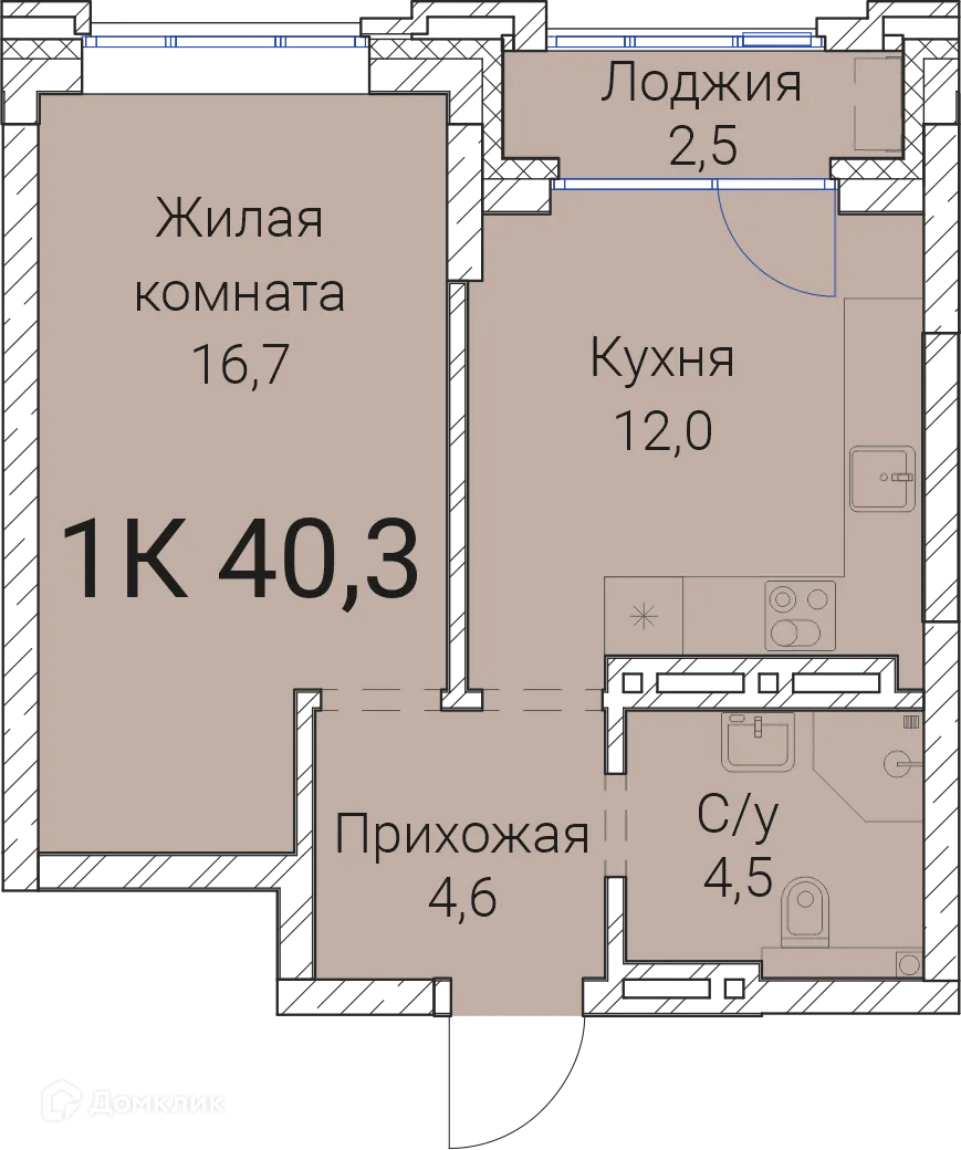 Планировка 1-комнатной квартиры 40.3 м² в ЖК Тайм Сквер, г. Новосибирск — фото 1