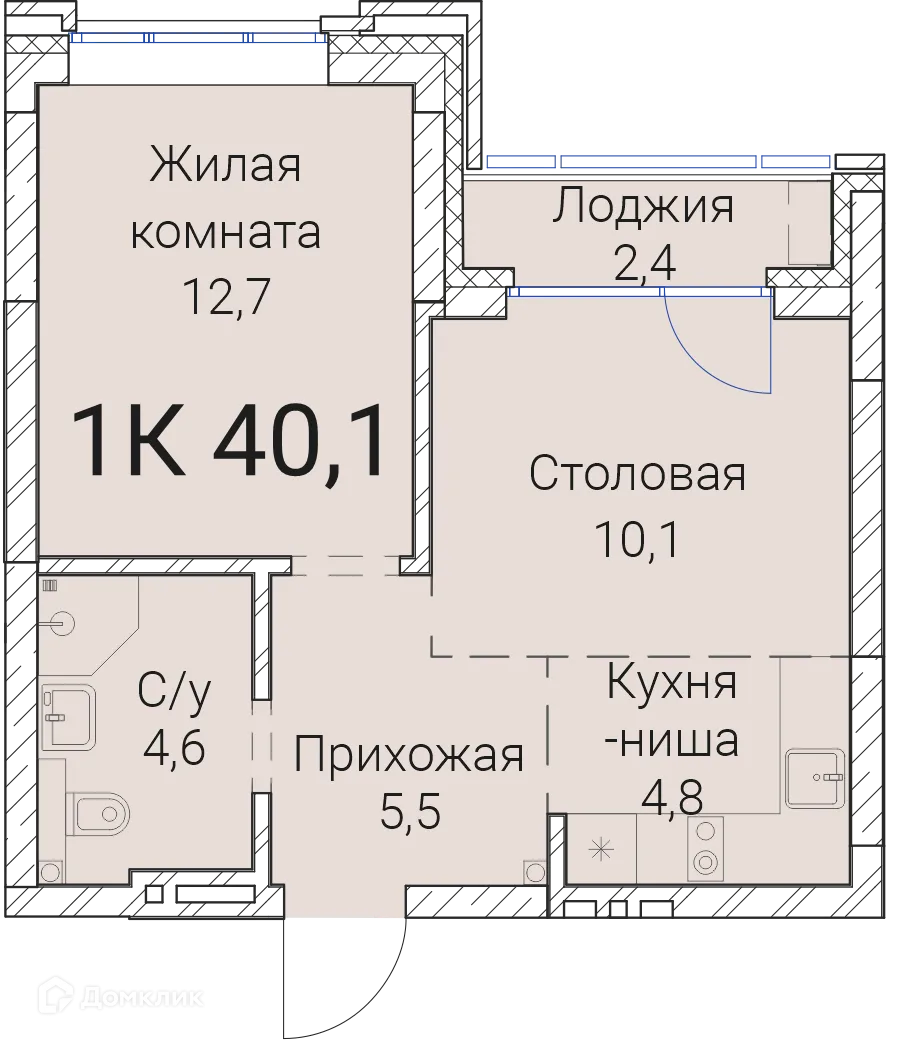 Планировка 1-комнатной квартиры 40.1 м² в ЖК Тайм Сквер, г. Новосибирск — фото 1