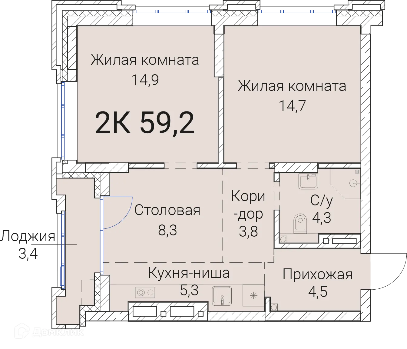 Планировка 2-комнатной квартиры 59.2 м² в ЖК Тайм Сквер, г. Новосибирск — фото 1