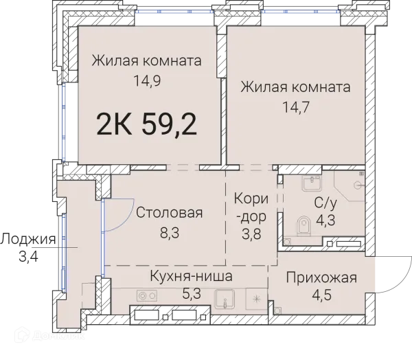 Планировка 2 комн. в ЖК Тайм Сквер