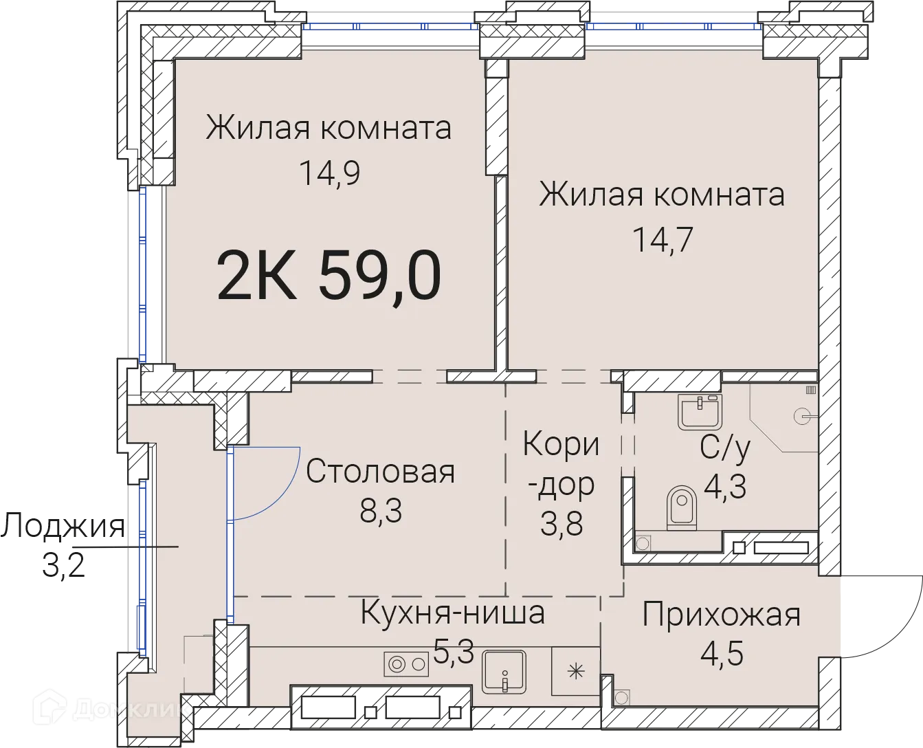 Планировка 2-комнатной квартиры 59 м² в ЖК Тайм Сквер, г. Новосибирск — фото 1