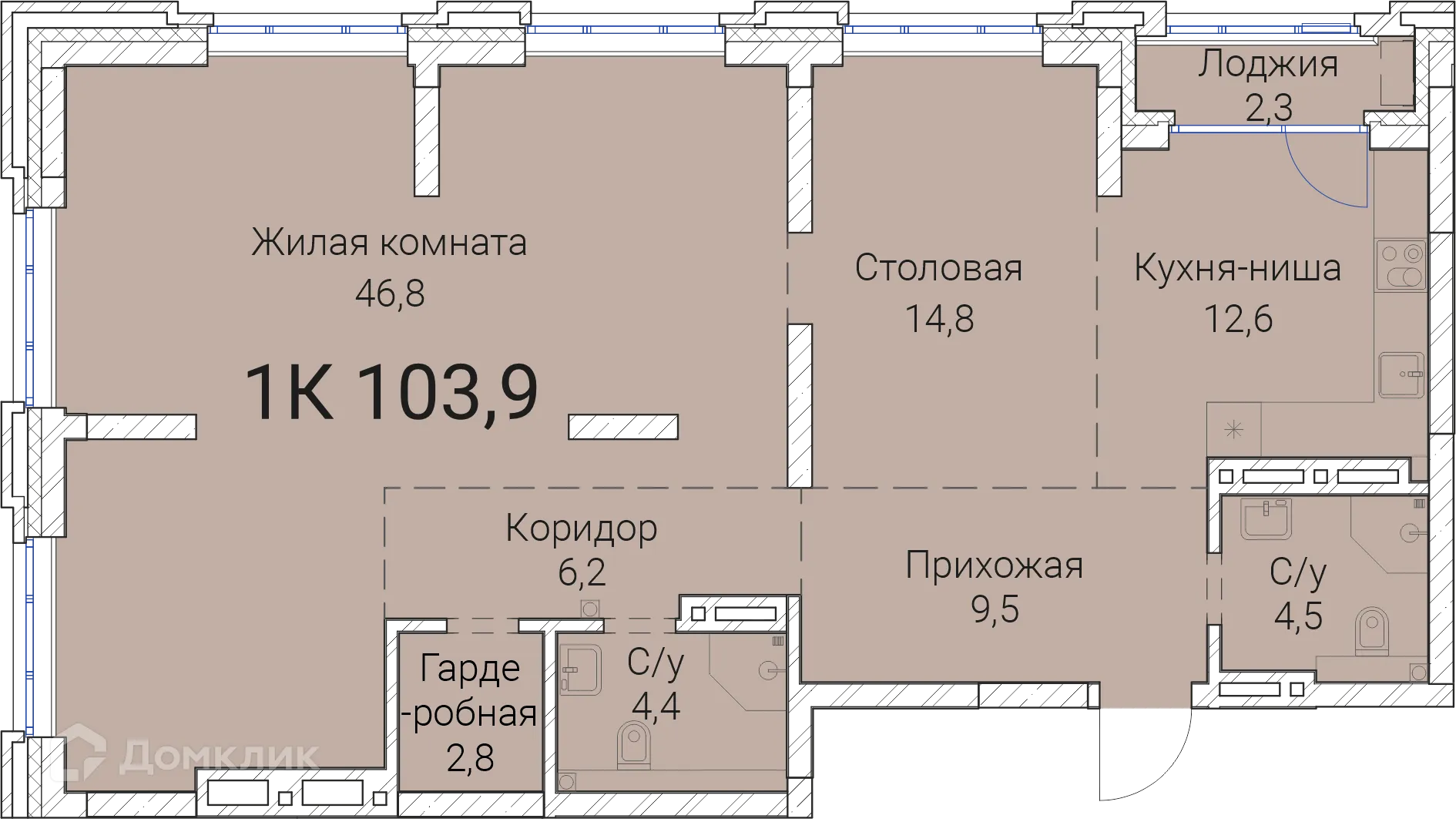 Планировка 1-комнатной квартиры 103.9 м² в ЖК Тайм Сквер, г. Новосибирск — фото 1