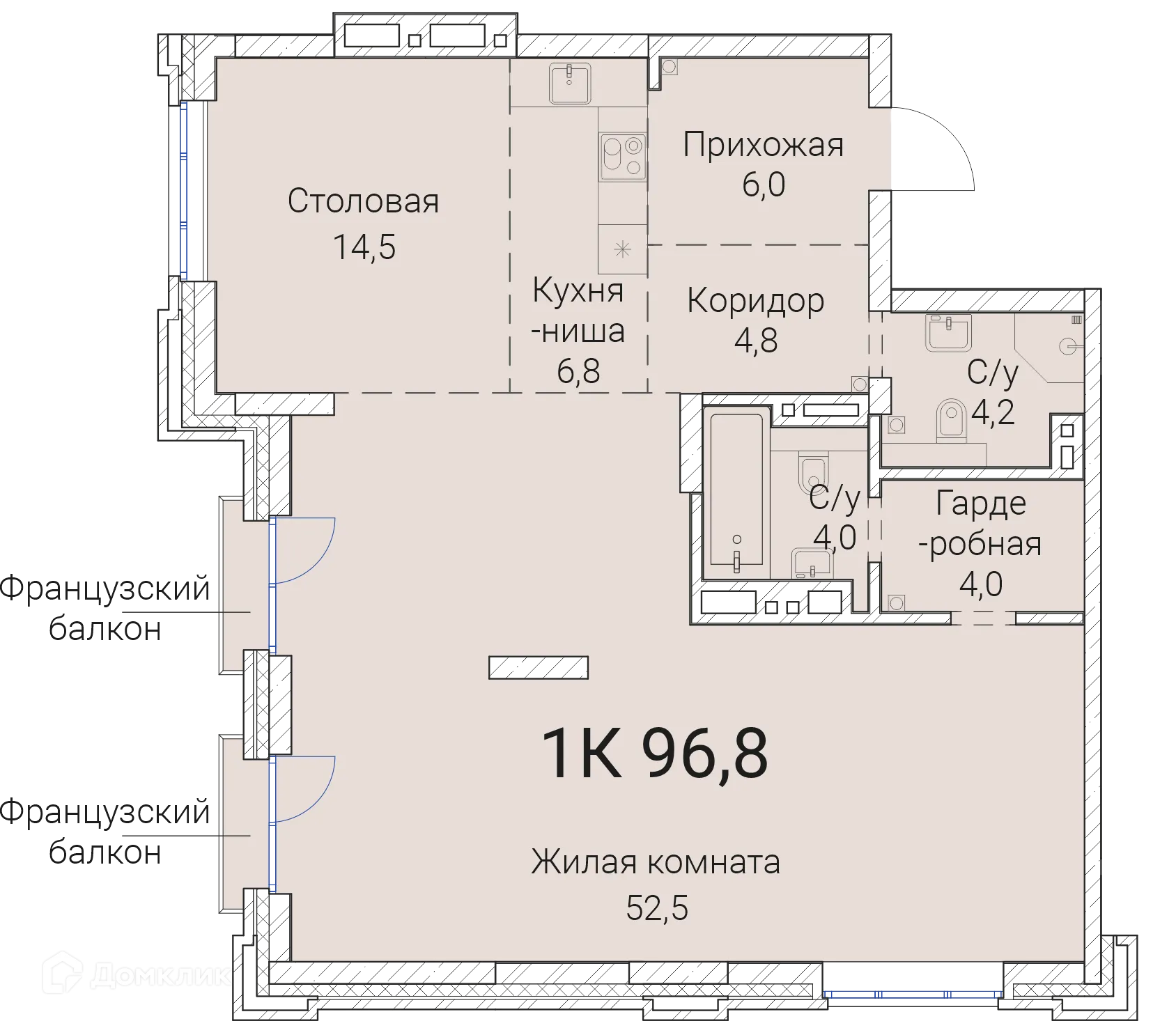 Планировка 1-комнатной квартиры 96.8 м² в ЖК Тайм Сквер, г. Новосибирск — фото 1