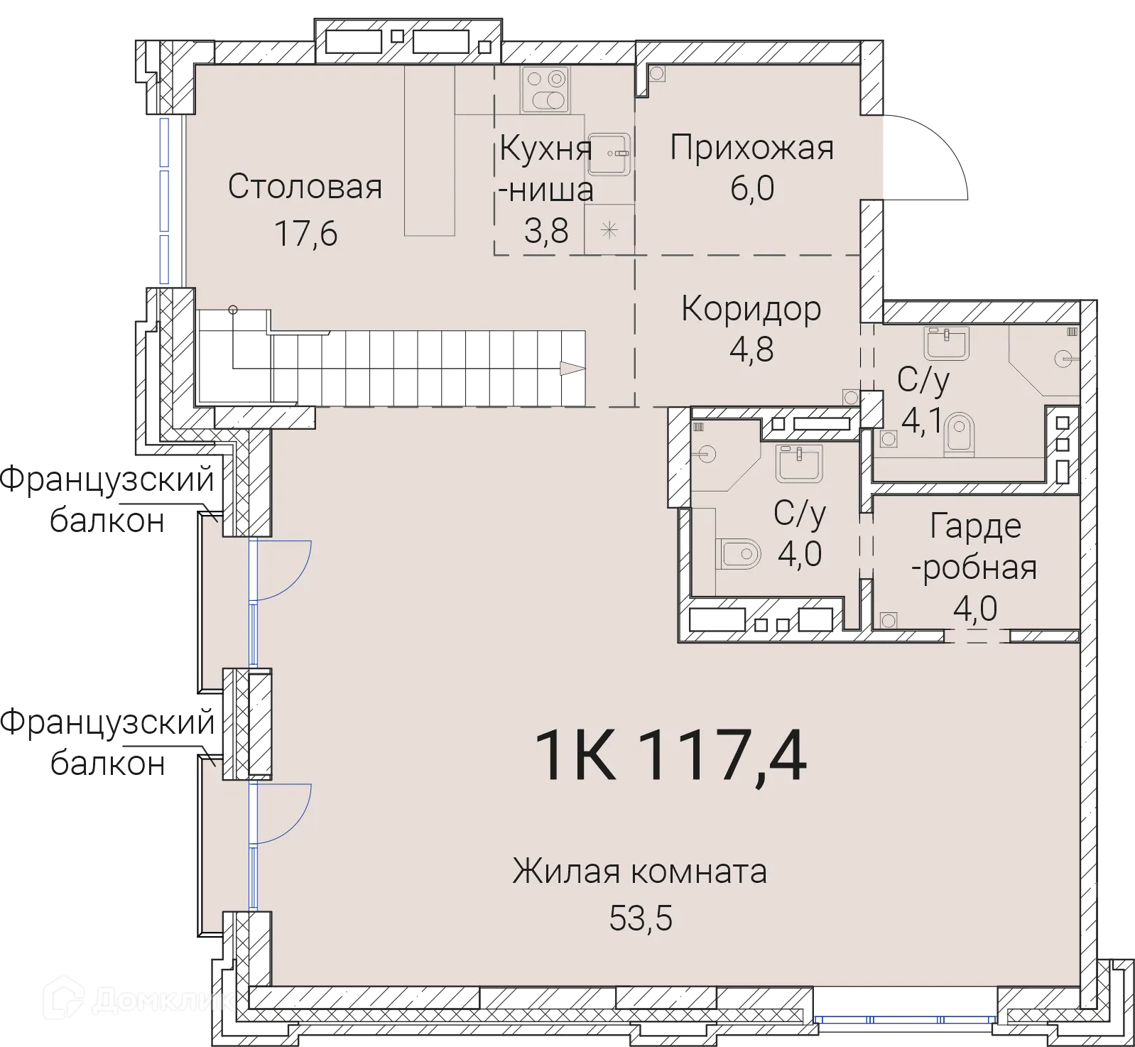 Планировка 1-комнатной квартиры 117.4 м² в ЖК Тайм Сквер, г. Новосибирск — фото 1