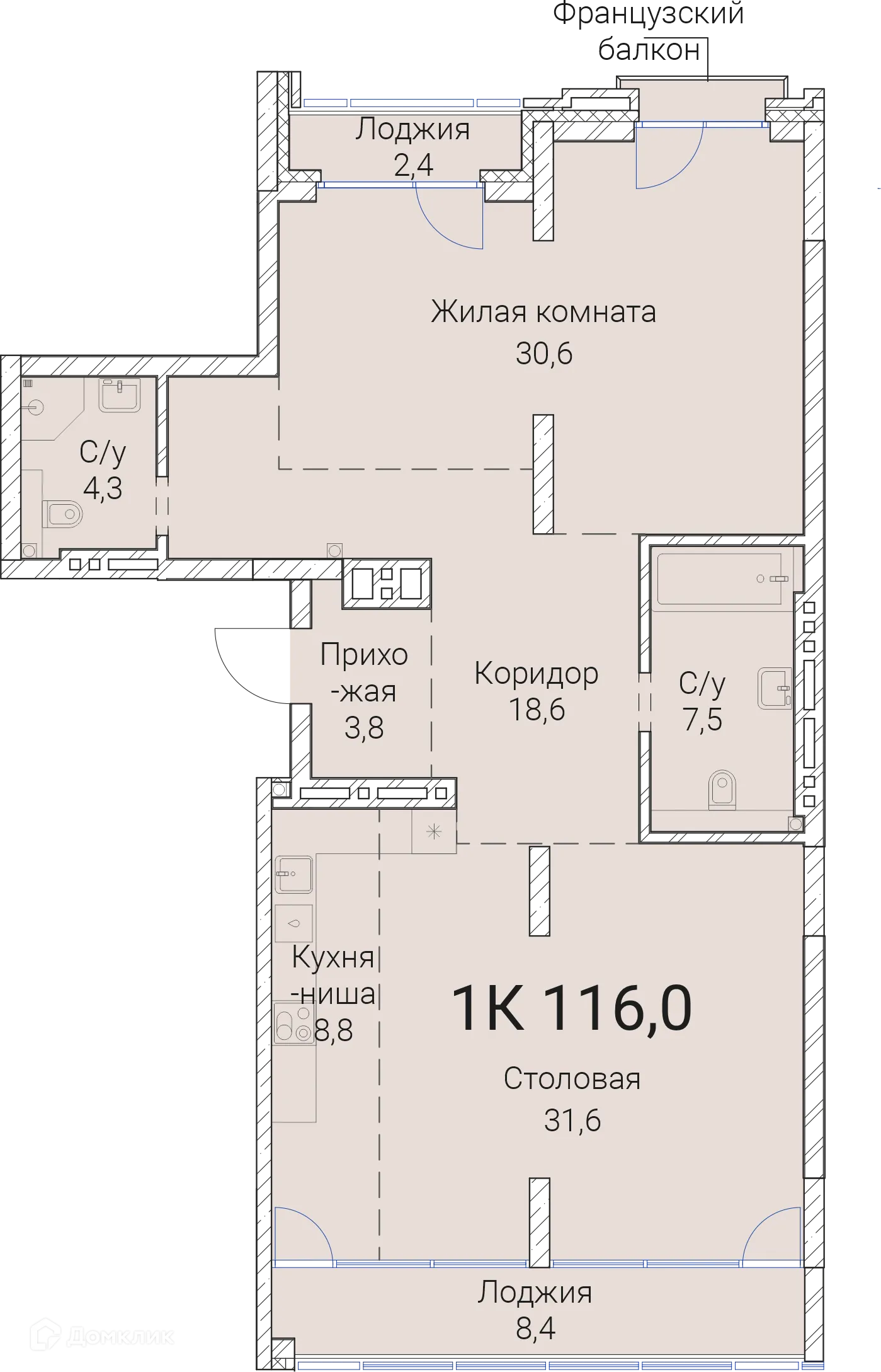 Планировка 1-комнатной квартиры 116 м² в ЖК Тайм Сквер, г. Новосибирск — фото 1