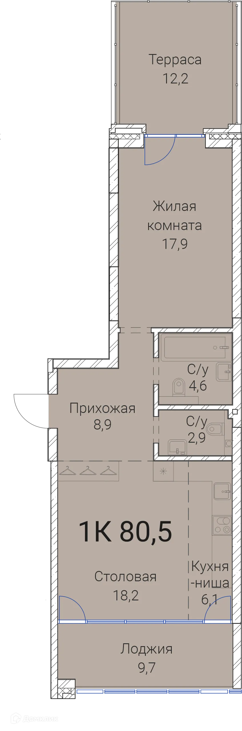 Планировка 1-комнатной квартиры 80.5 м² в ЖК Тайм Сквер, г. Новосибирск — фото 1