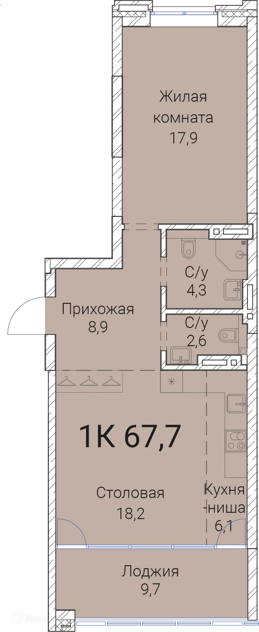 Планировка 1-комнатной квартиры 67.7 м² в ЖК Тайм Сквер, г. Новосибирск — фото 1