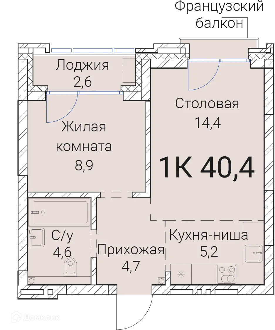 Планировка 1-комнатной квартиры 40.4 м² в ЖК Тайм Сквер, г. Новосибирск — фото 1