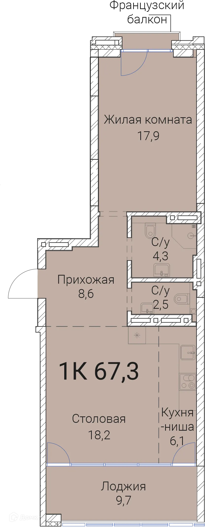 Планировка 1-комнатной квартиры 67.3 м² в ЖК Тайм Сквер, г. Новосибирск — фото 1