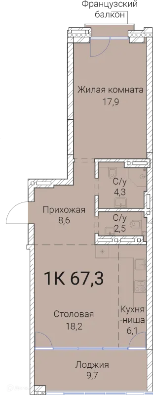 Планировка 1 комн. в ЖК Тайм Сквер