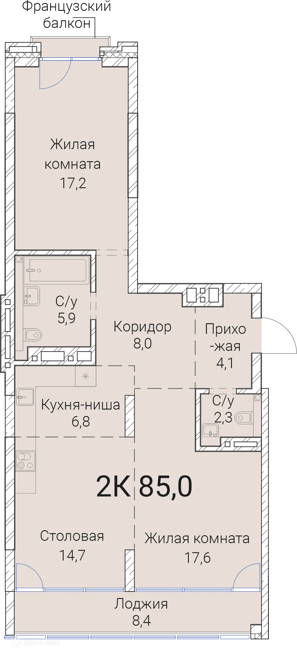 Планировка 2-комнатной квартиры 85 м² в ЖК Тайм Сквер, г. Новосибирск — фото 1