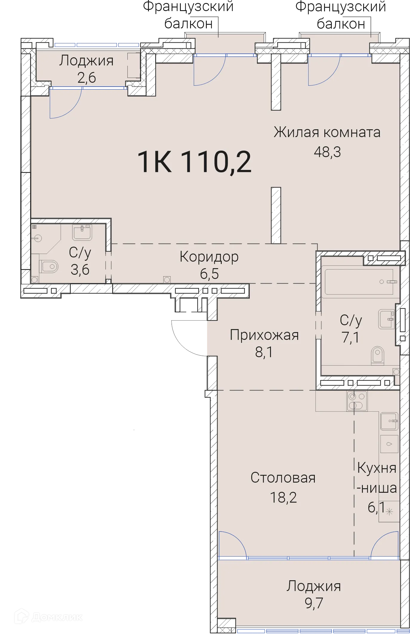 Планировка 1-комнатной квартиры 110.2 м² в ЖК Тайм Сквер, г. Новосибирск — фото 1