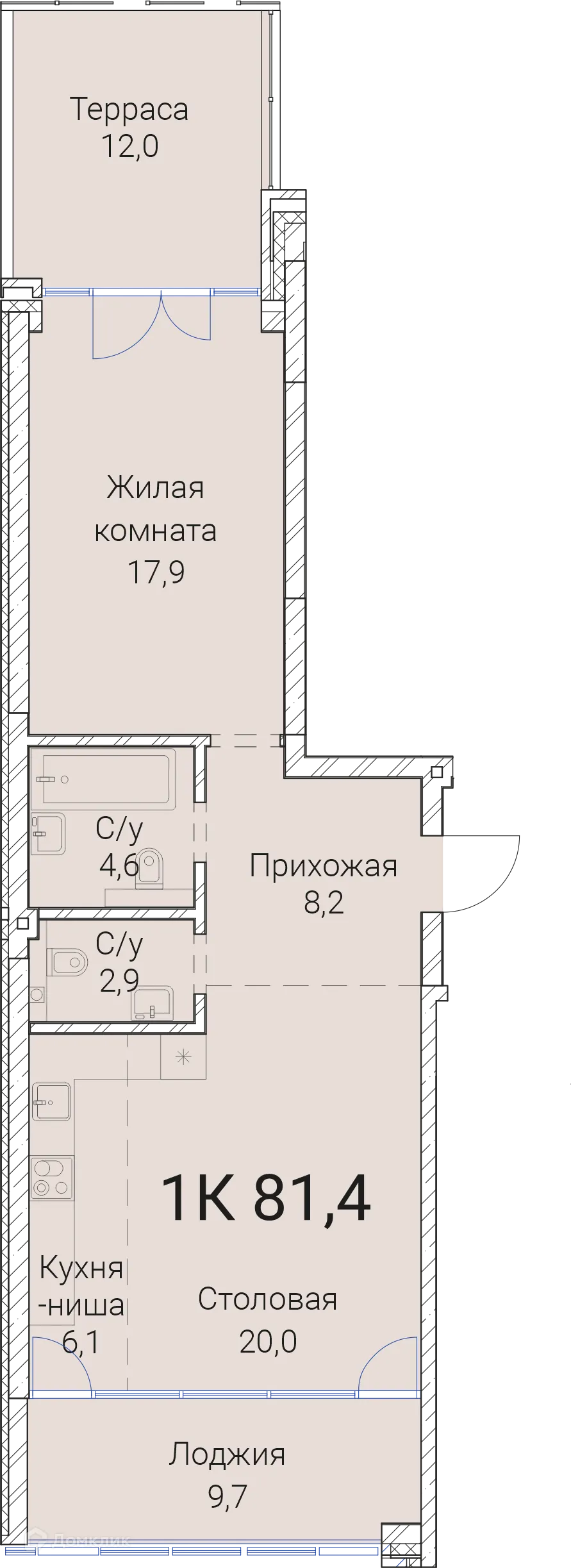 Планировка 1-комнатной квартиры 81.4 м² в ЖК Тайм Сквер, г. Новосибирск — фото 1