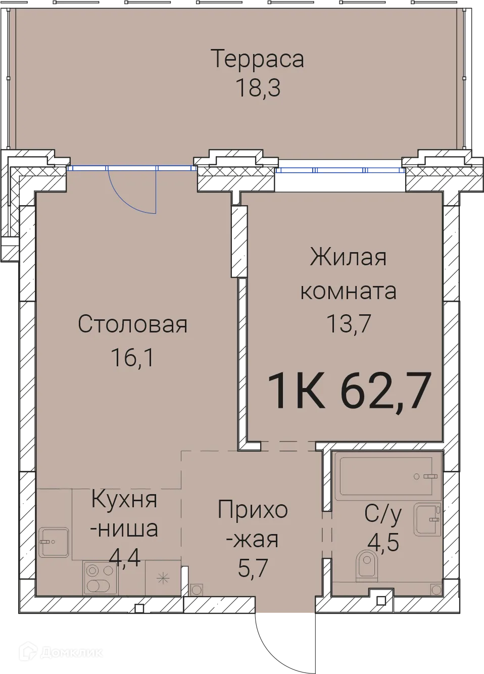 Планировка 1-комнатной квартиры 62.7 м² в ЖК Тайм Сквер, г. Новосибирск — фото 1