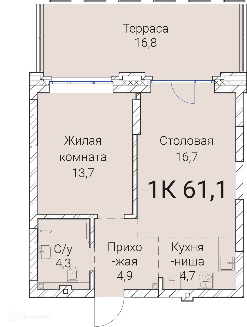 Планировка 1-комнатной квартиры 61.1 м² в ЖК Тайм Сквер, г. Новосибирск — фото 1