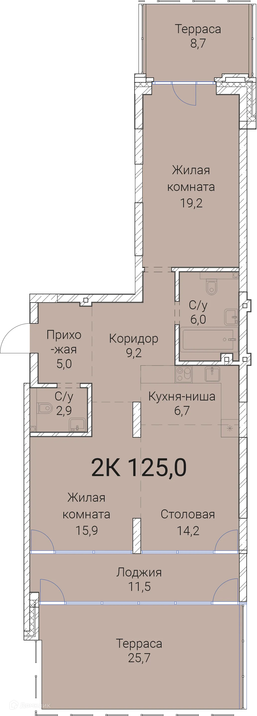 Планировка 2-комнатной квартиры 125 м² в ЖК Тайм Сквер, г. Новосибирск — фото 1