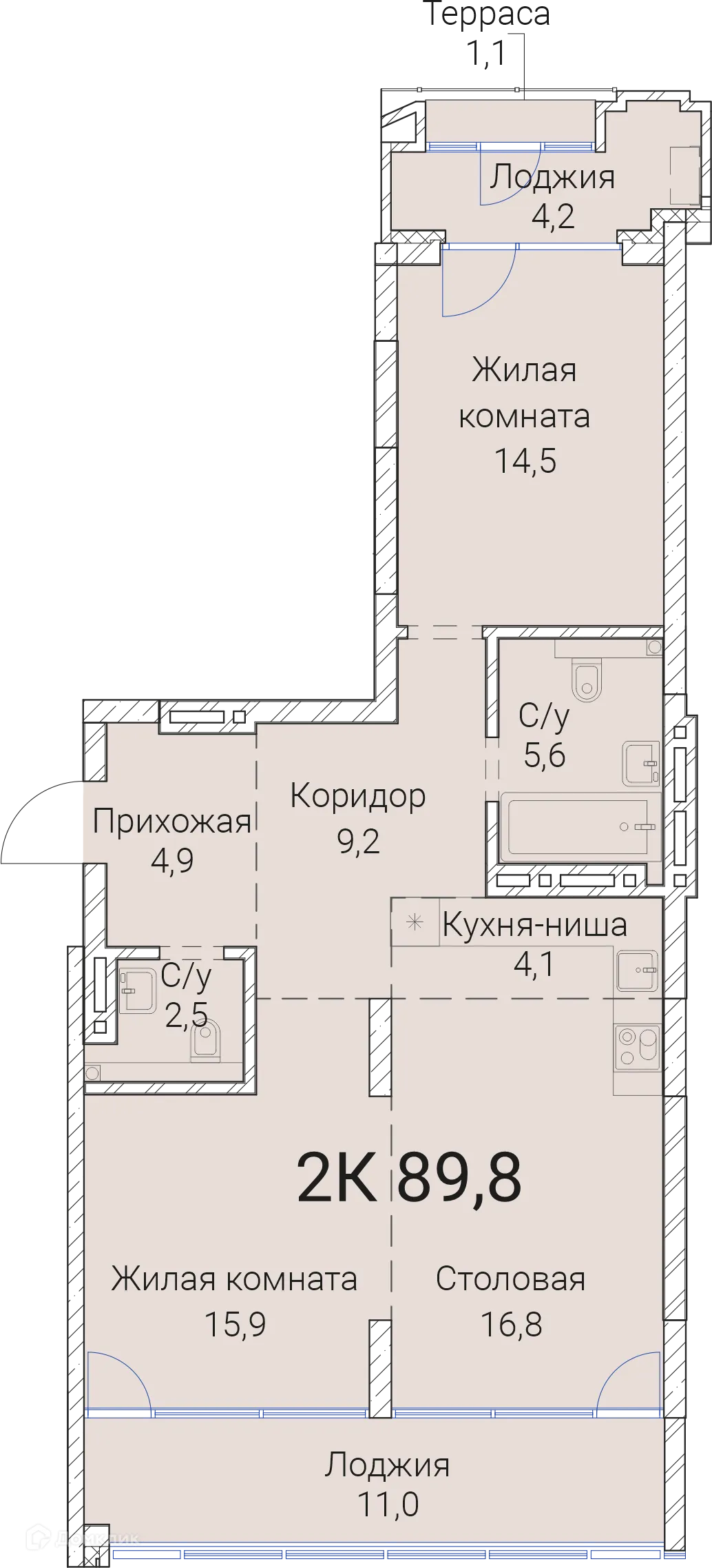Планировка 2-комнатной квартиры 89.8 м² в ЖК Тайм Сквер, г. Новосибирск — фото 1