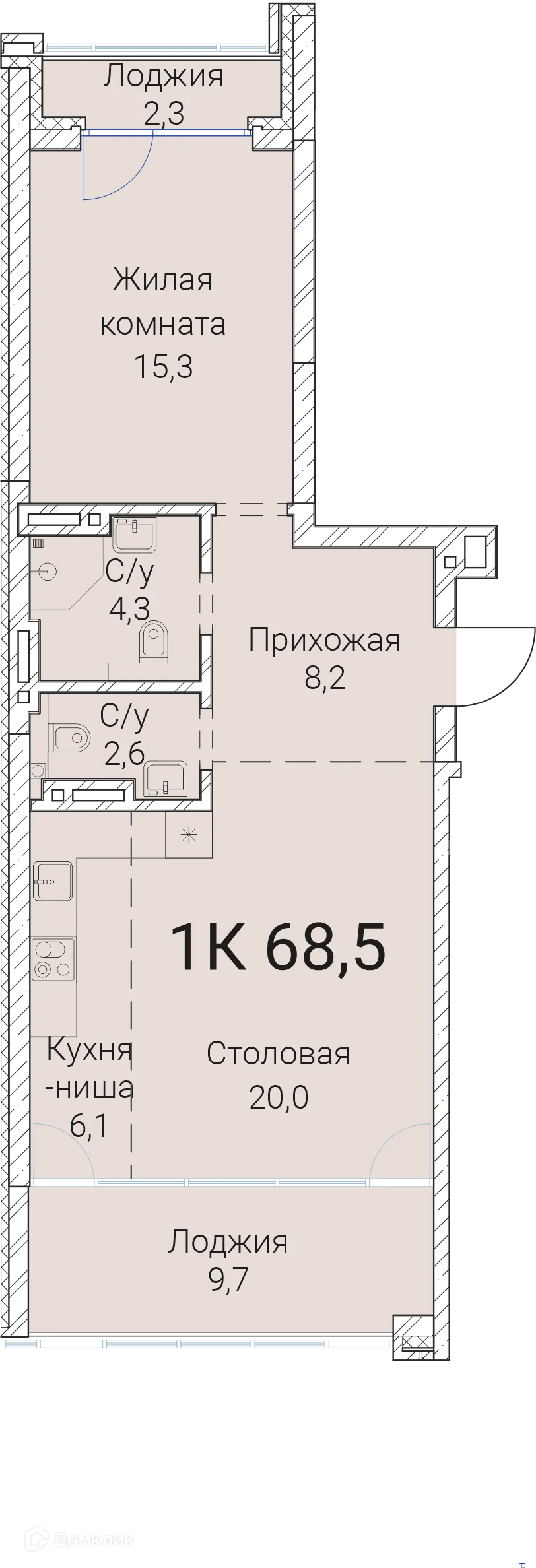 Планировка 1-комнатной квартиры 68.5 м² в ЖК Тайм Сквер, г. Новосибирск — фото 1
