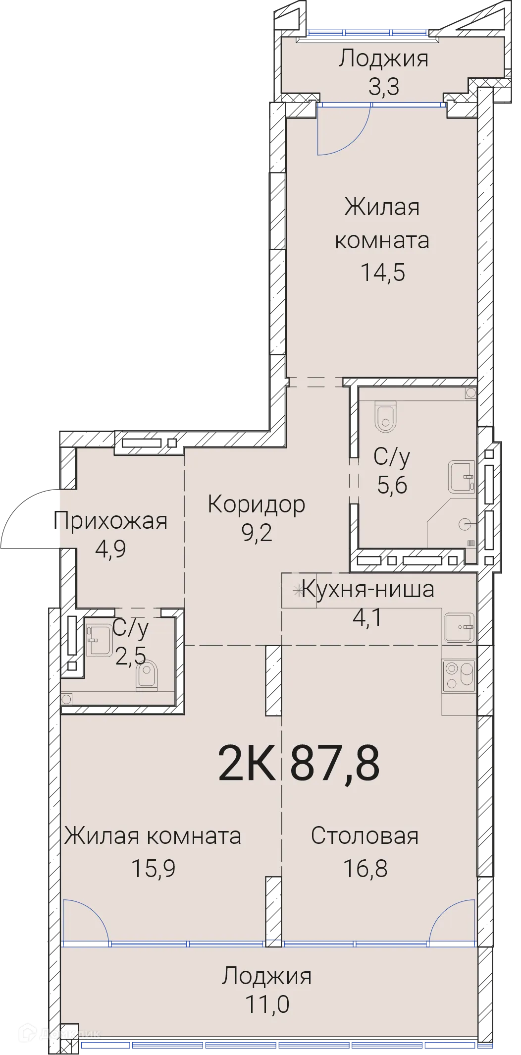 Планировка 2-комнатной квартиры 87.8 м² в ЖК Тайм Сквер, г. Новосибирск — фото 1