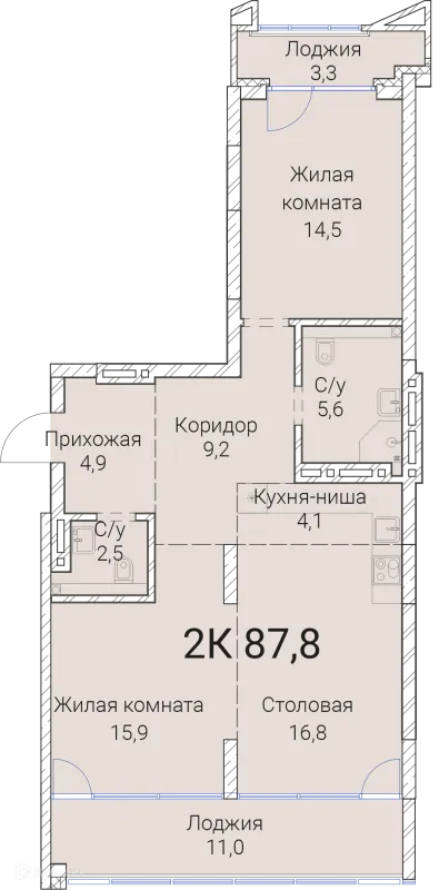 Планировка 2 комн. в ЖК Тайм Сквер