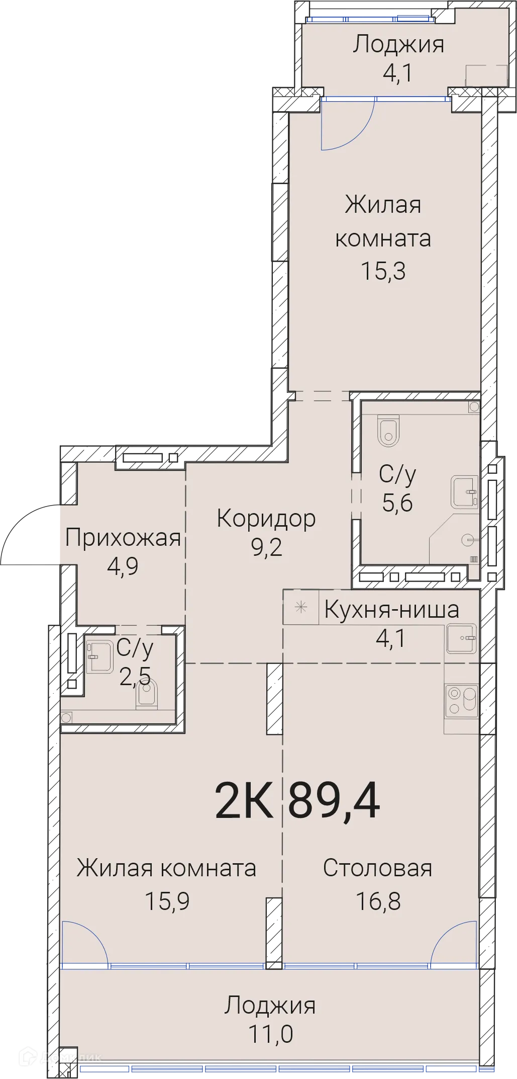 Планировка 2-комнатной квартиры 89.4 м² в ЖК Тайм Сквер, г. Новосибирск — фото 1