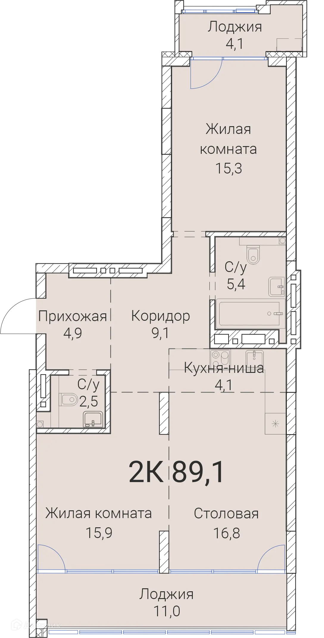 Планировка 2-комнатной квартиры 89.1 м² в ЖК Тайм Сквер, г. Новосибирск — фото 1