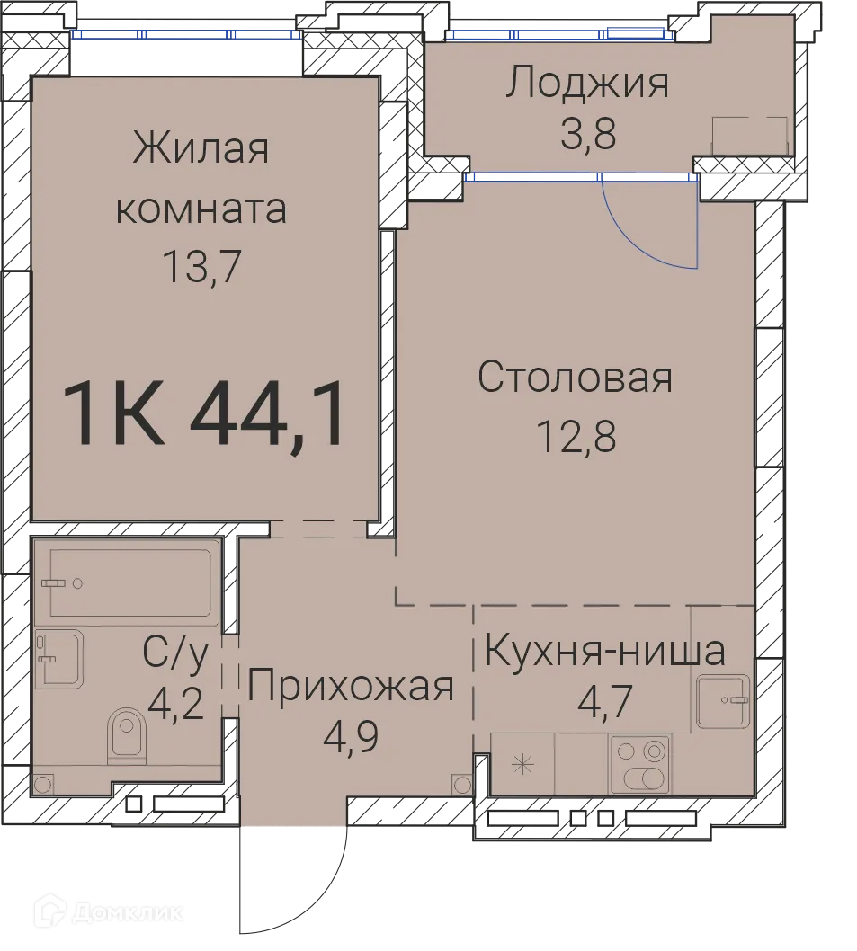 Планировка 1-комнатной квартиры 44.1 м² в ЖК Тайм Сквер, г. Новосибирск — фото 1