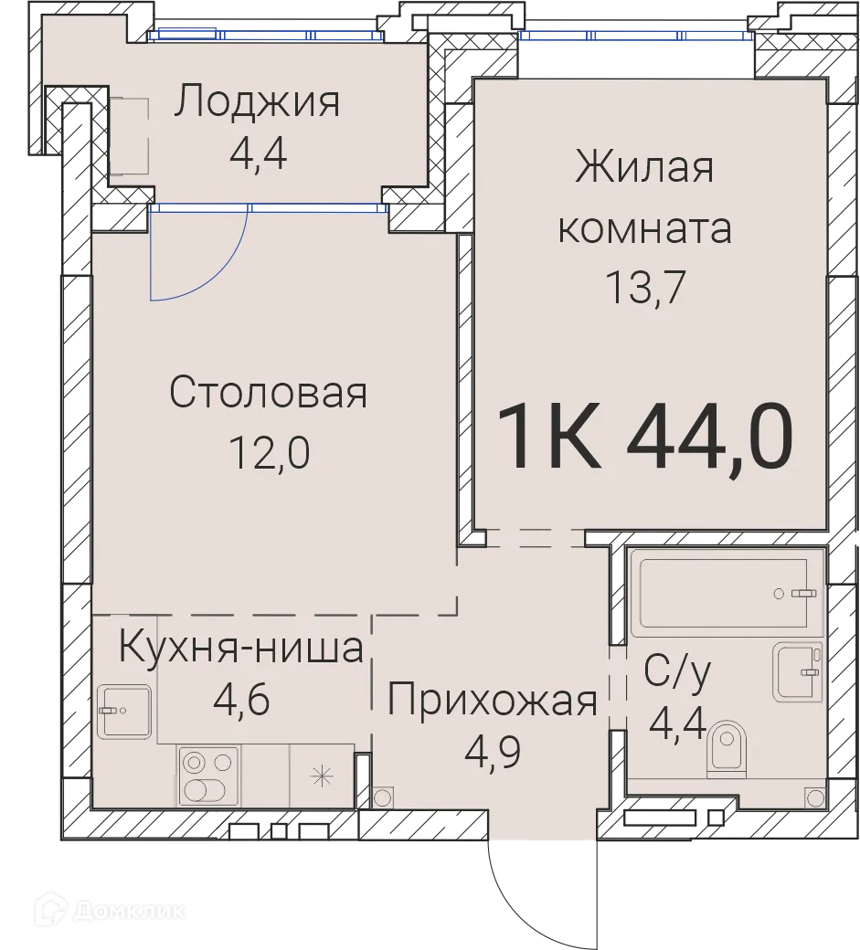Планировка 1-комнатной квартиры 44 м² в ЖК Тайм Сквер, г. Новосибирск — фото 1