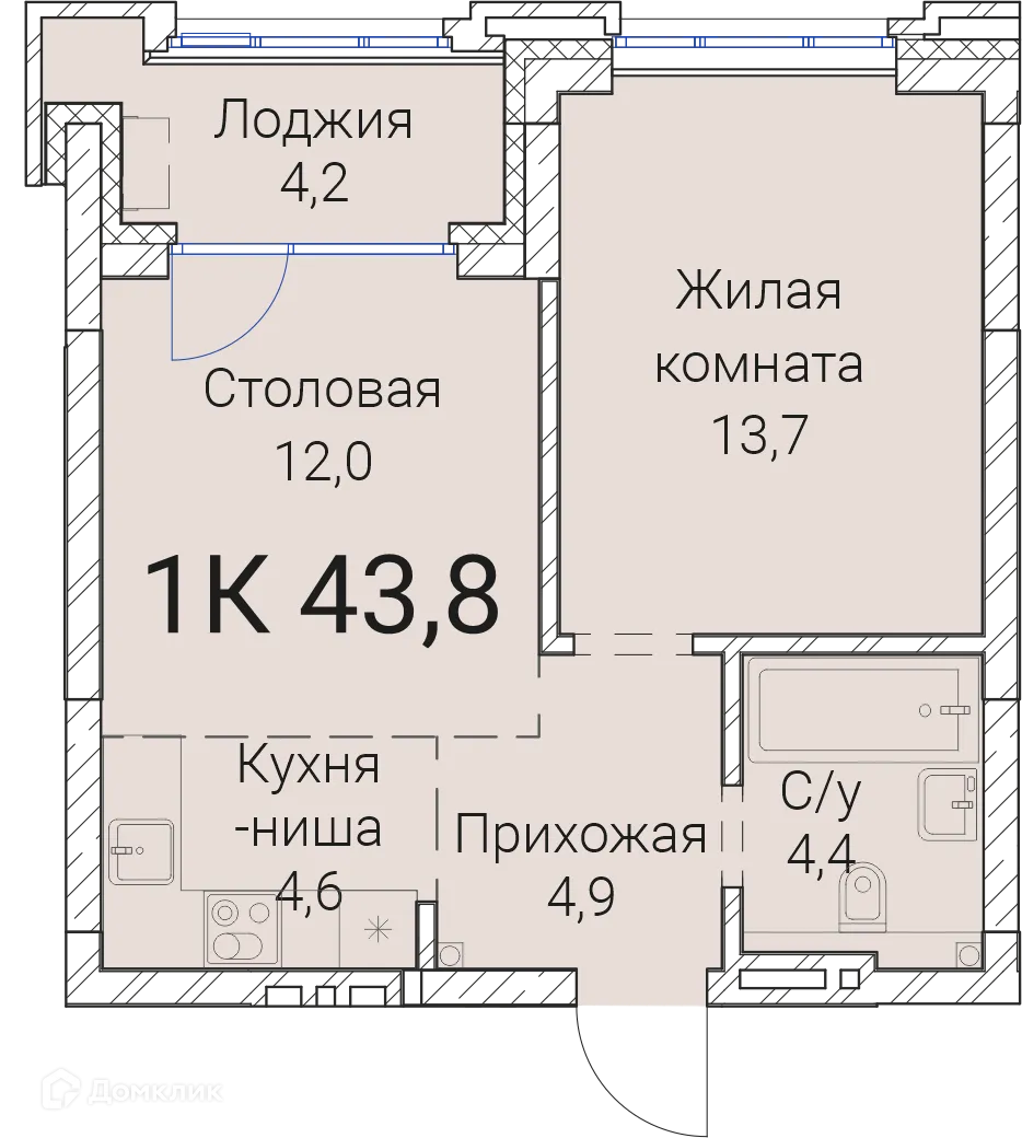 Планировка 1-комнатной квартиры 43.8 м² в ЖК Тайм Сквер, г. Новосибирск — фото 1