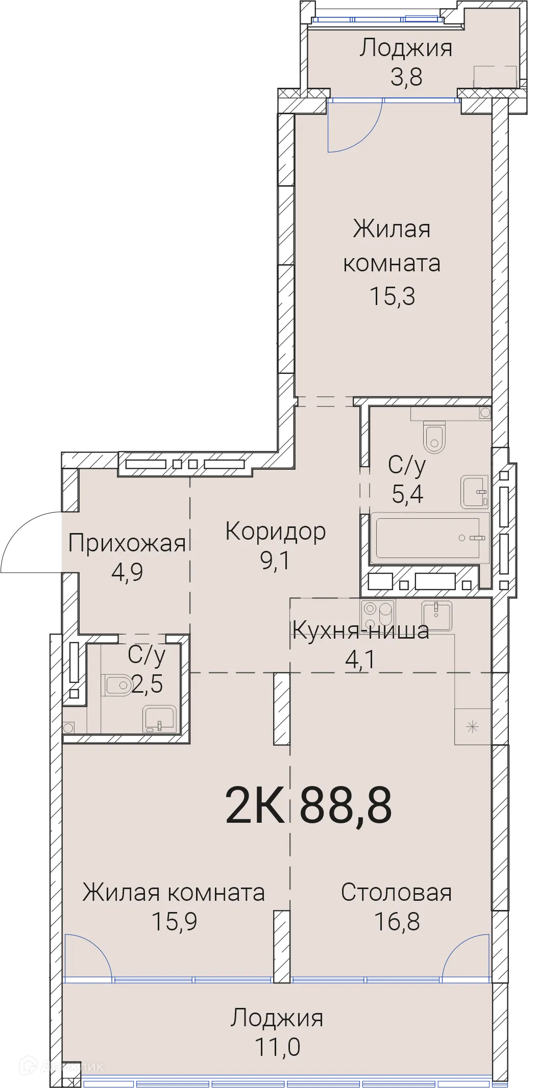 Планировка 2-комнатной квартиры 88.8 м² в ЖК Тайм Сквер, г. Новосибирск — фото 1