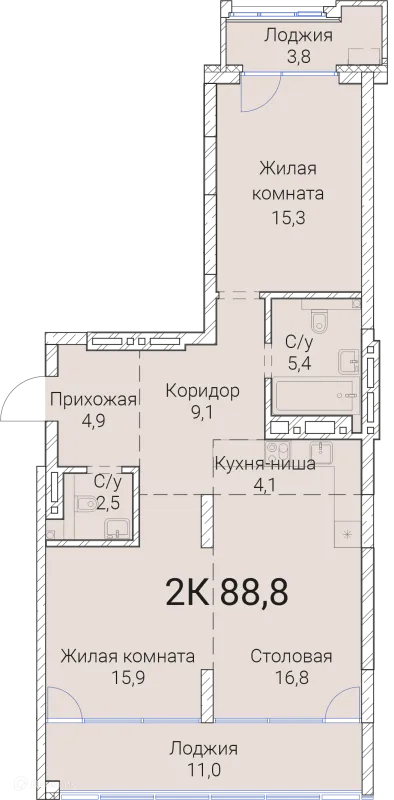 Планировка 2 комн. в ЖК Тайм Сквер