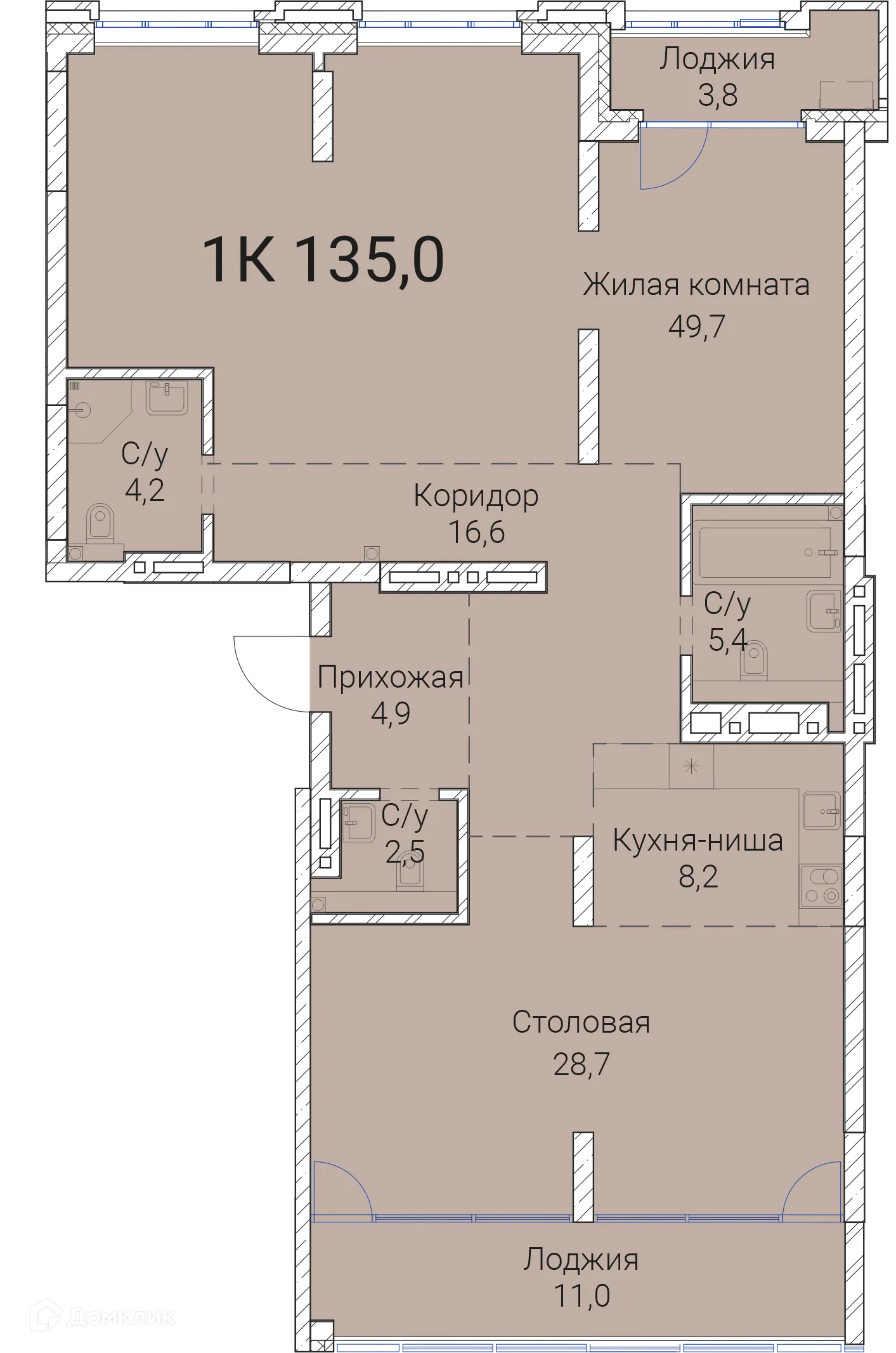 Планировка 1-комнатной квартиры 135 м² в ЖК Тайм Сквер, г. Новосибирск — фото 1