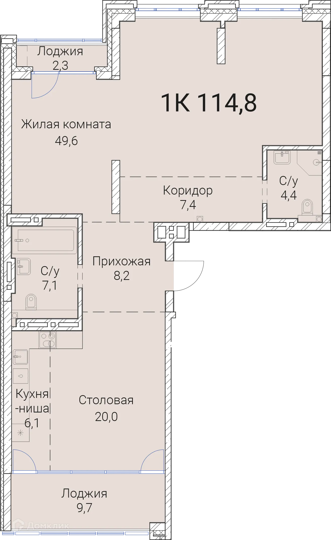 Планировка 1-комнатной квартиры 114.8 м² в ЖК Тайм Сквер, г. Новосибирск — фото 1