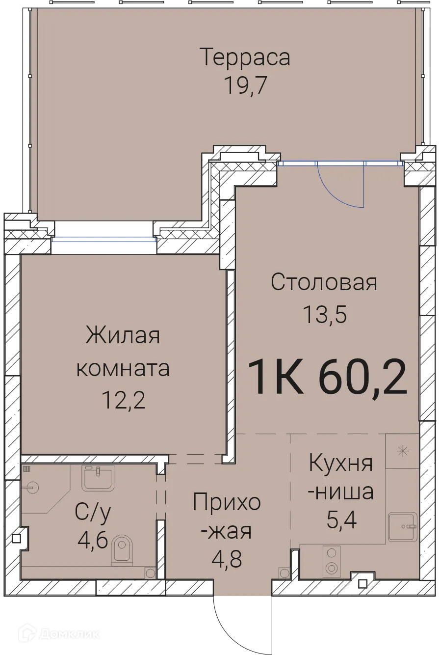 Планировка 1-комнатной квартиры 60.2 м² в ЖК Тайм Сквер, г. Новосибирск — фото 1