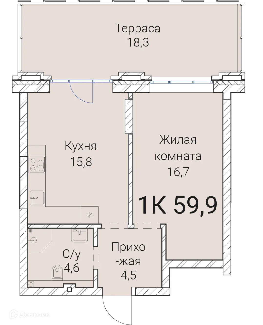 Планировка 1-комнатной квартиры 59.9 м² в ЖК Тайм Сквер, г. Новосибирск — фото 1