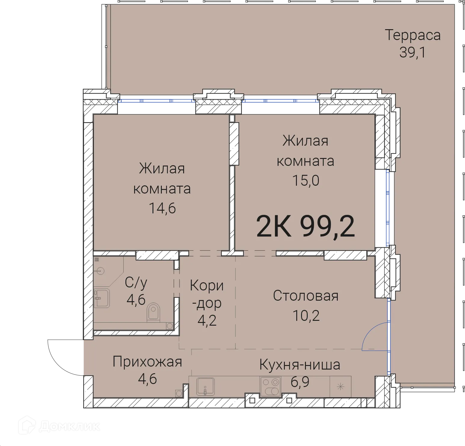 Планировка 2-комнатной квартиры 99.2 м² в ЖК Тайм Сквер, г. Новосибирск — фото 1