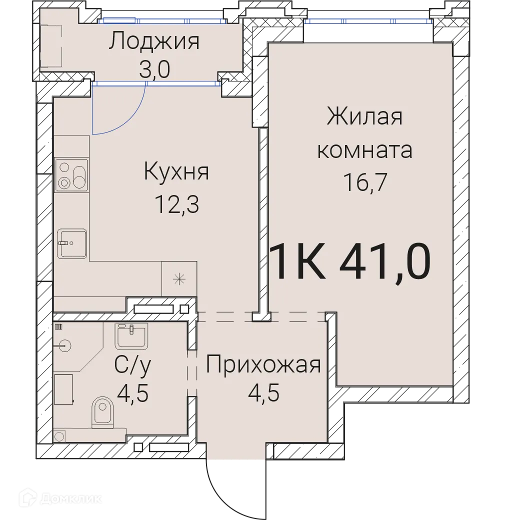 Планировка 1-комнатной квартиры 41 м² в ЖК Тайм Сквер, г. Новосибирск — фото 1