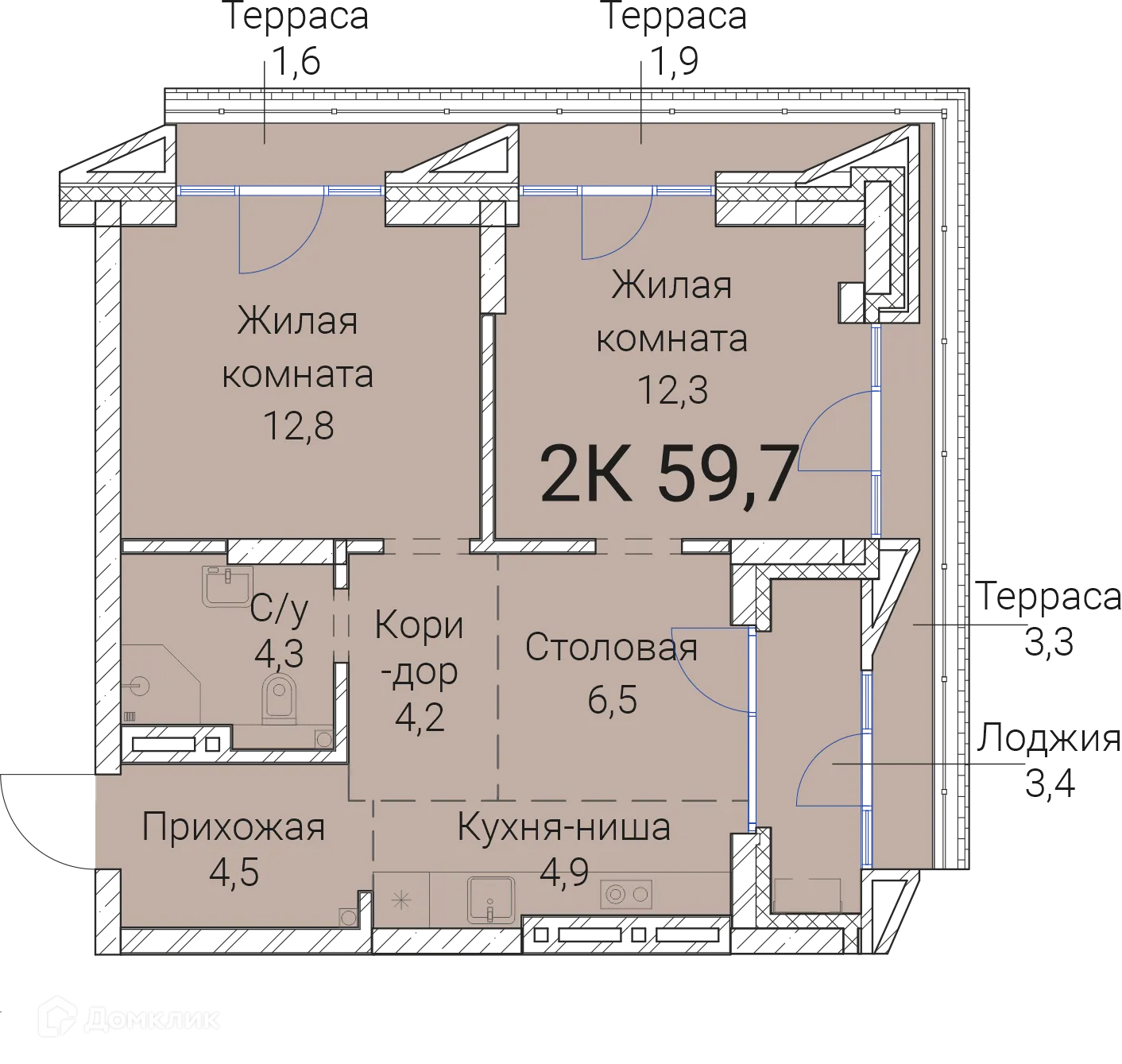 Планировка 2-комнатной квартиры 59.7 м² в ЖК Тайм Сквер, г. Новосибирск — фото 1