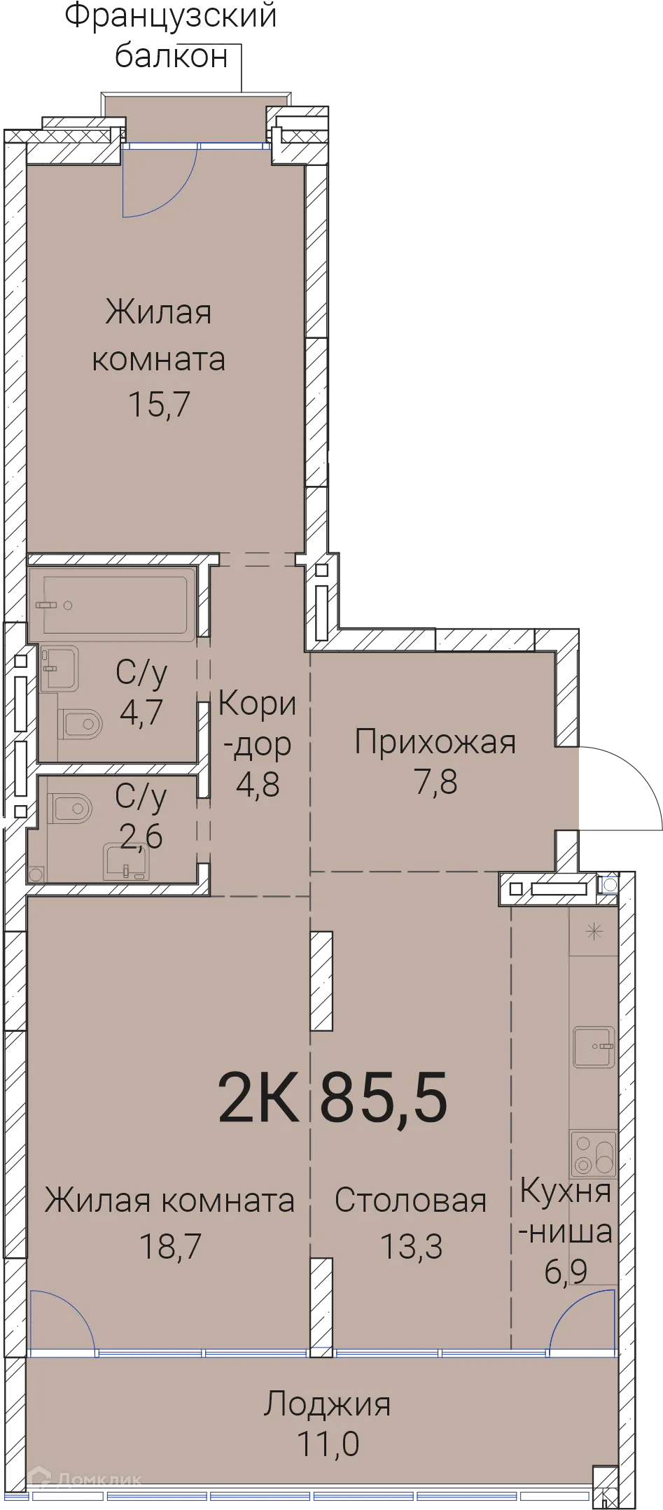 Планировка 2-комнатной квартиры 85.5 м² в ЖК Тайм Сквер, г. Новосибирск — фото 1
