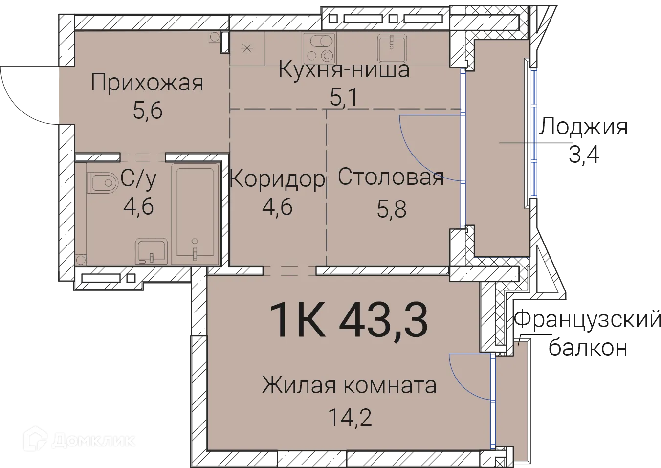 Планировка 1-комнатной квартиры 43.3 м² в ЖК Тайм Сквер, г. Новосибирск — фото 1