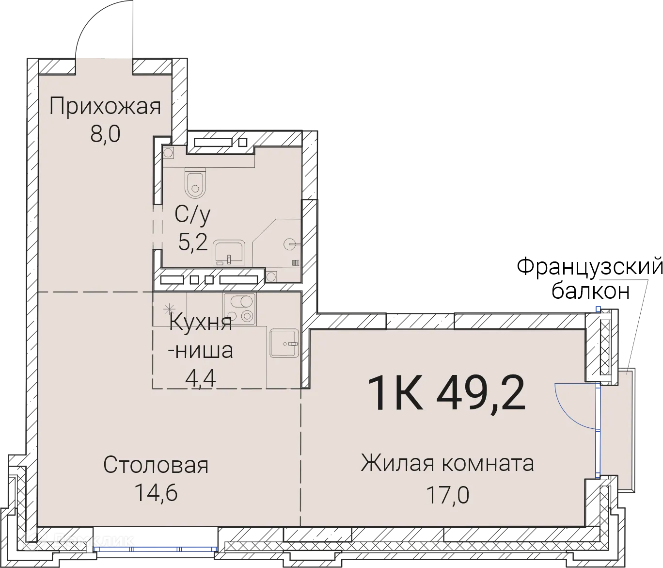 Планировка 1-комнатной квартиры 49.2 м² в ЖК Тайм Сквер, г. Новосибирск — фото 1