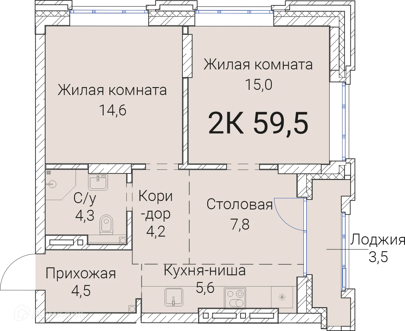 Планировка 2-комнатной квартиры 59.5 м² в ЖК Тайм Сквер, г. Новосибирск — фото 1